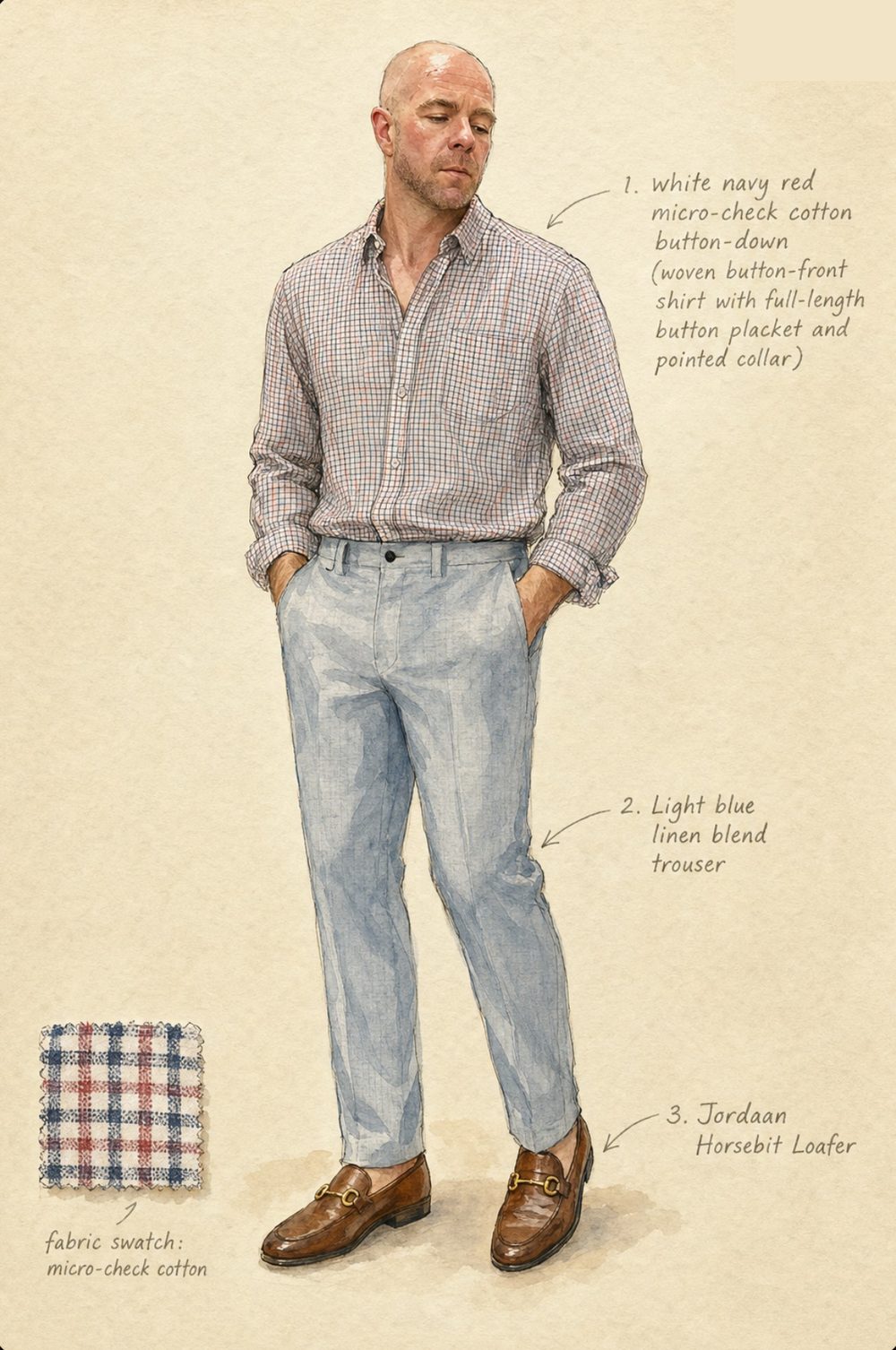 Hand illustrated editorial rendering of a full outfit